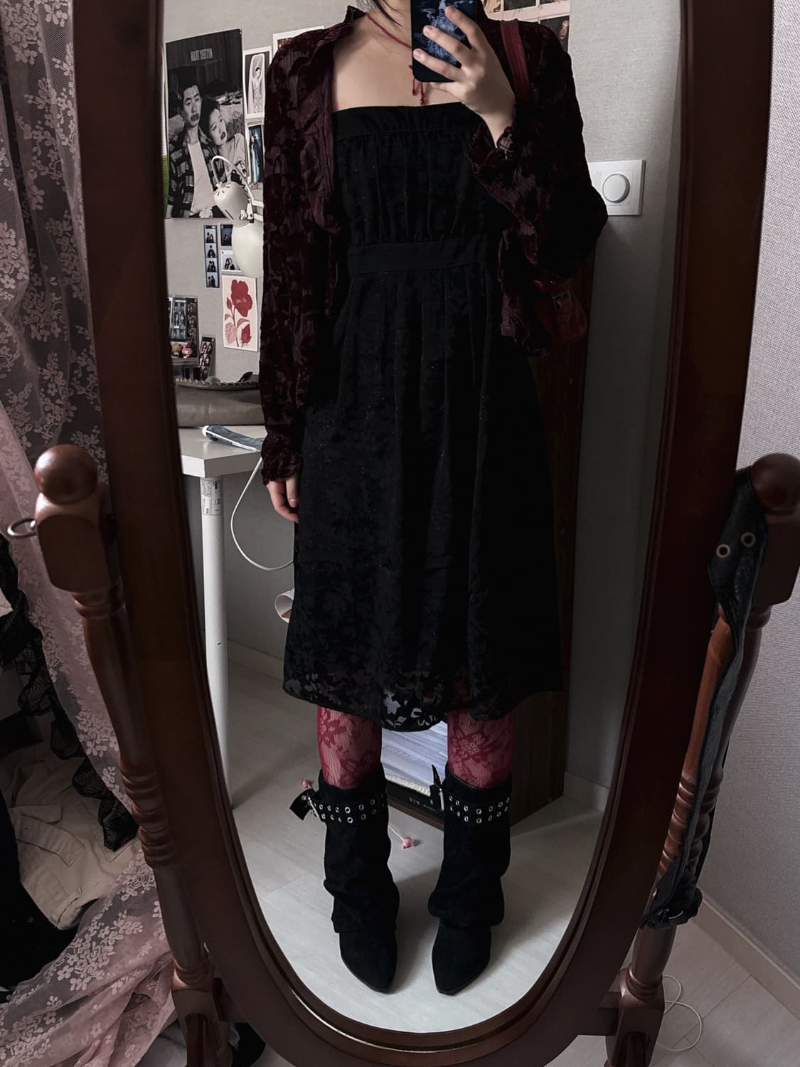 오리엔탈 버건디 플로럴 벨벳 시스루 가디건 상품이미지3