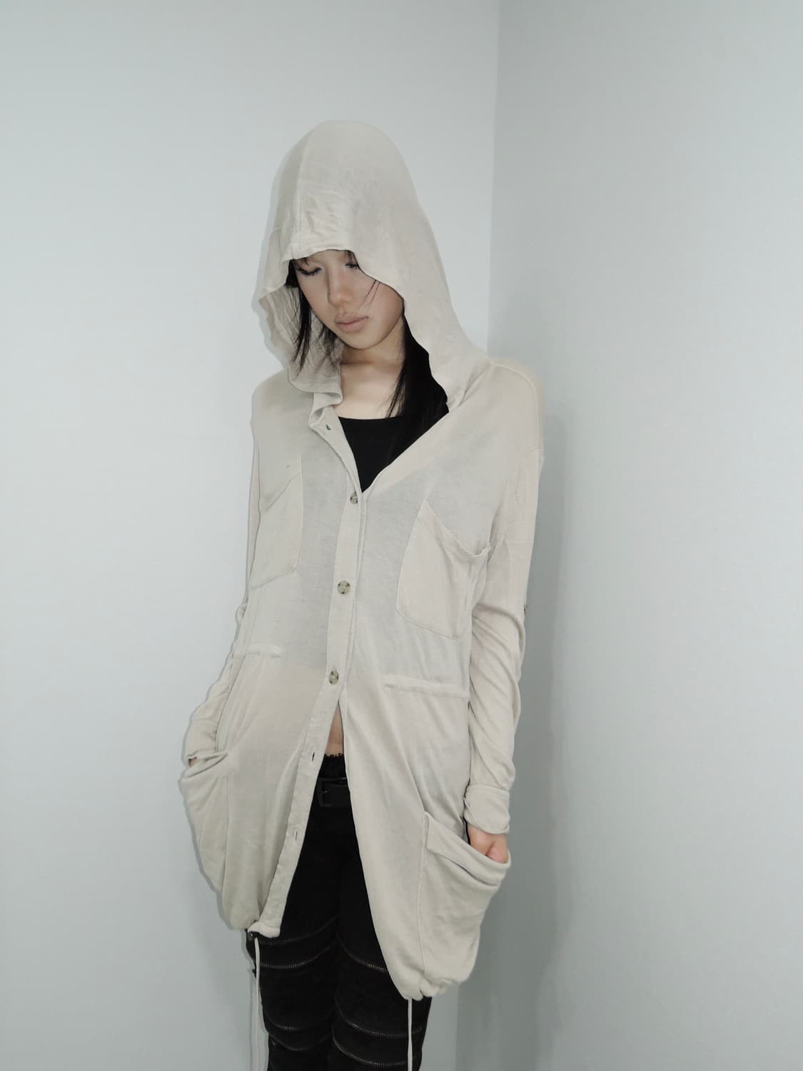 Multi-Pocket Drawstring Hood Cardigan 상품이미지2