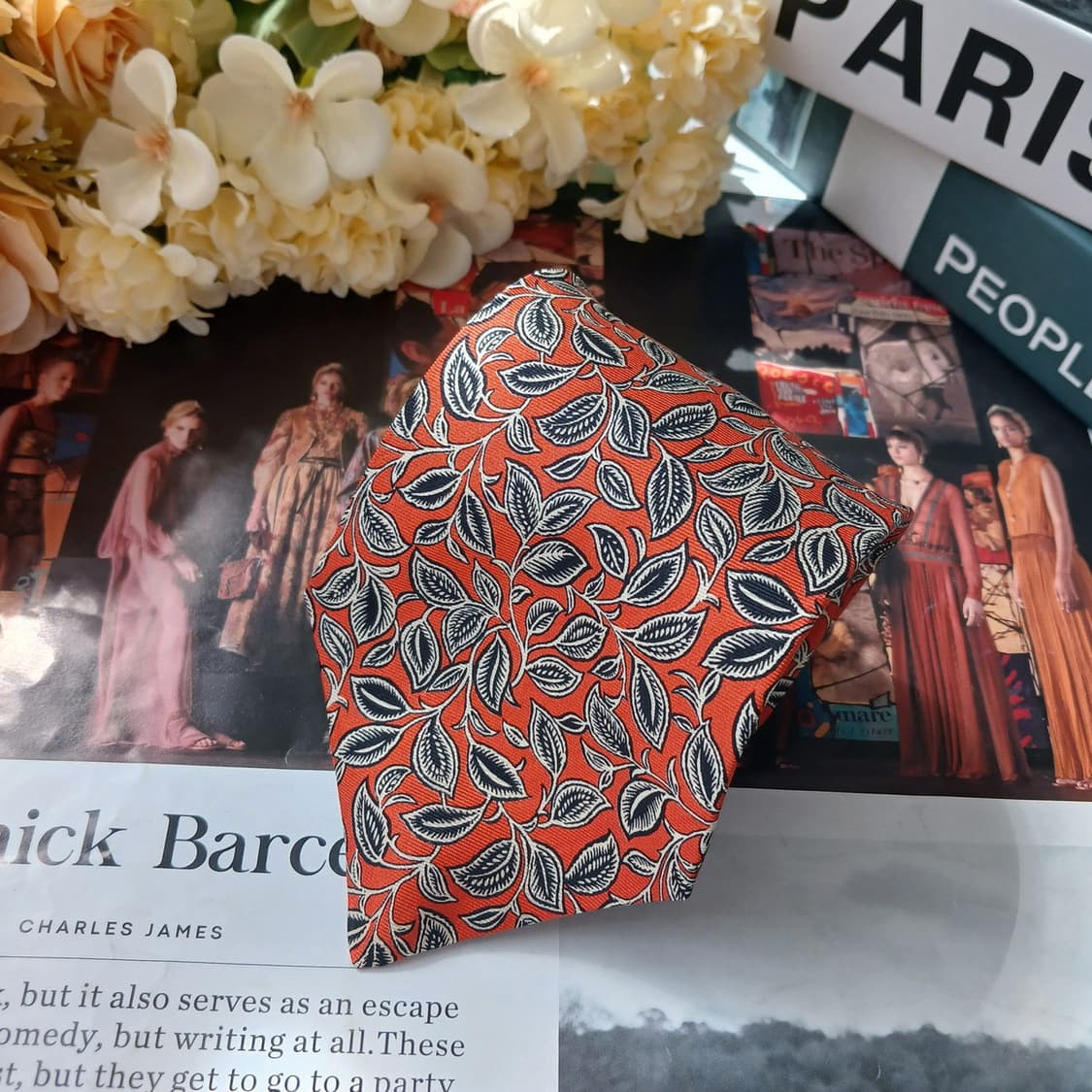 세루티 실크 오렌지 나뭇잎 모티브 넥타이 9cm A+등급 E945 상품이미지3