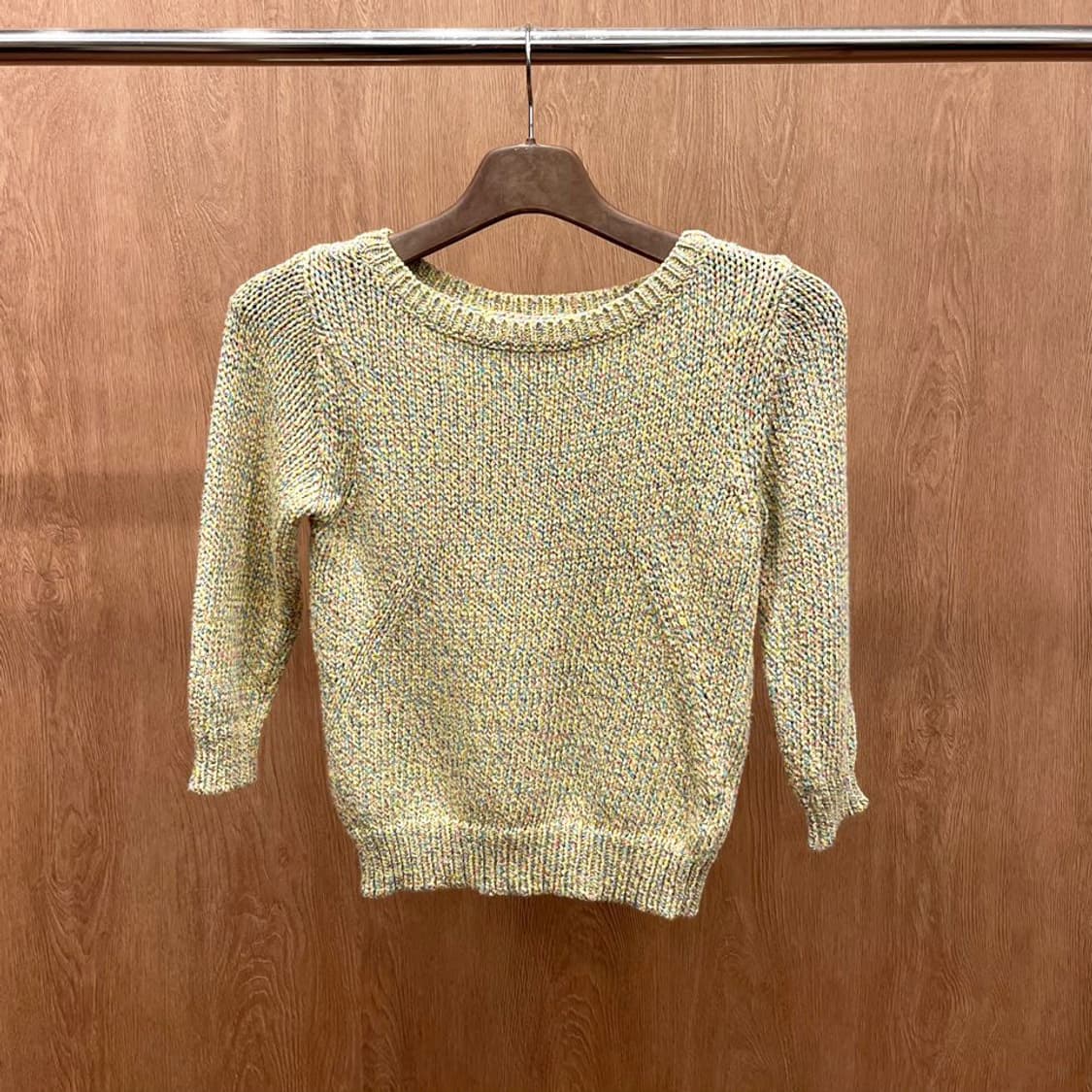 랑방 7부 멜란지 니트 크롭 리브드 커프 라운드넥 디테일 슬림핏 상품이미지2