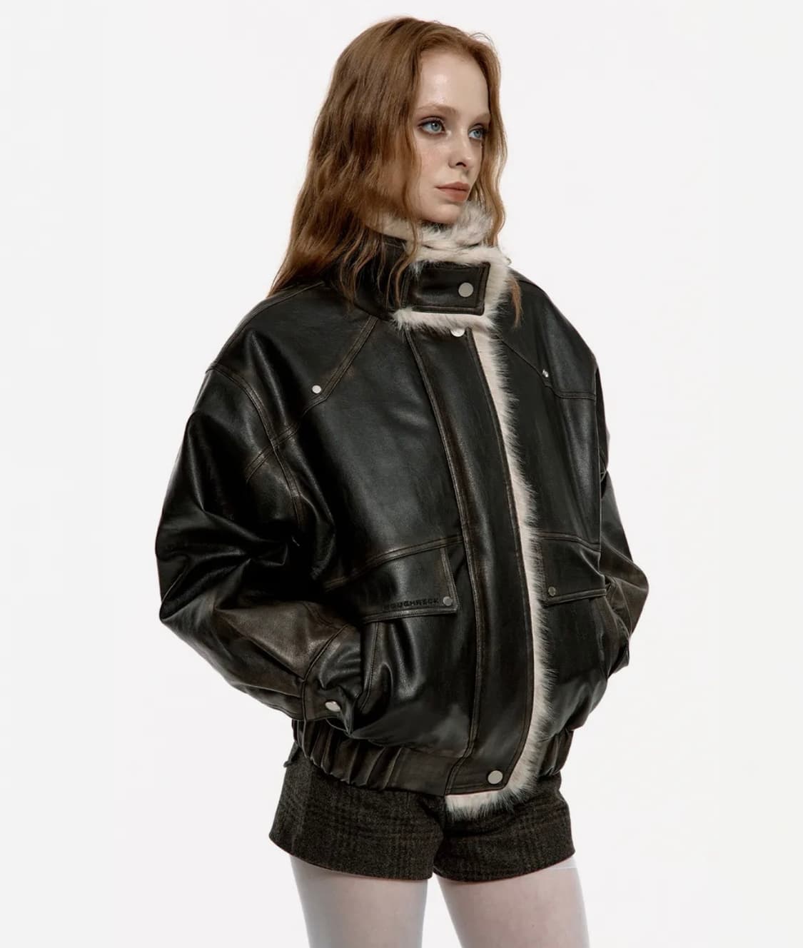 러프넥 워싱 레더 무스탕 자켓 S사이즈 상품이미지4