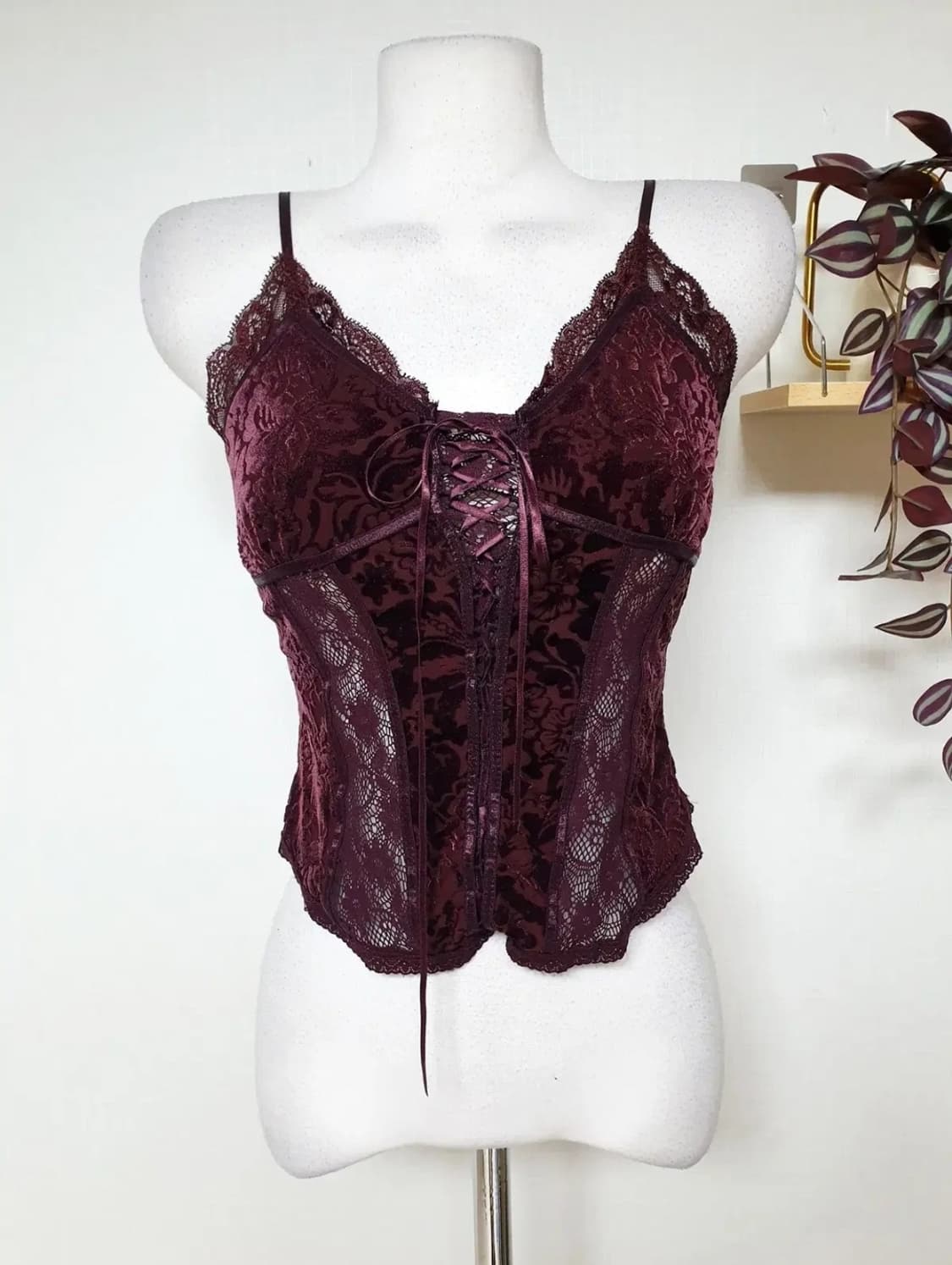 익스프레스 벨벳 레이스 버건디 코르셋 탑 뷔스티에 상품이미지5