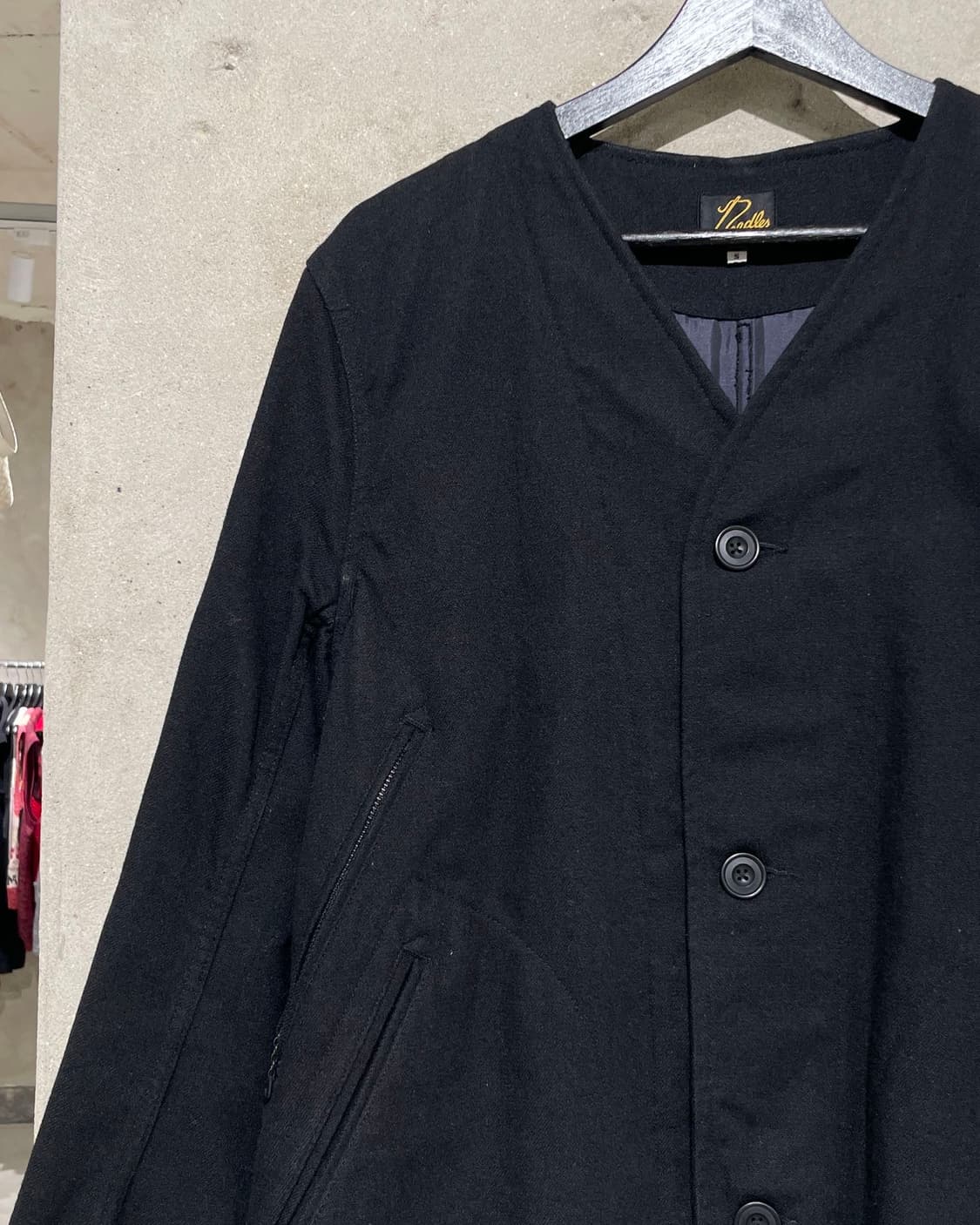 니들스 블랙 논 카라 울 혼방 롱 자켓 상품이미지2