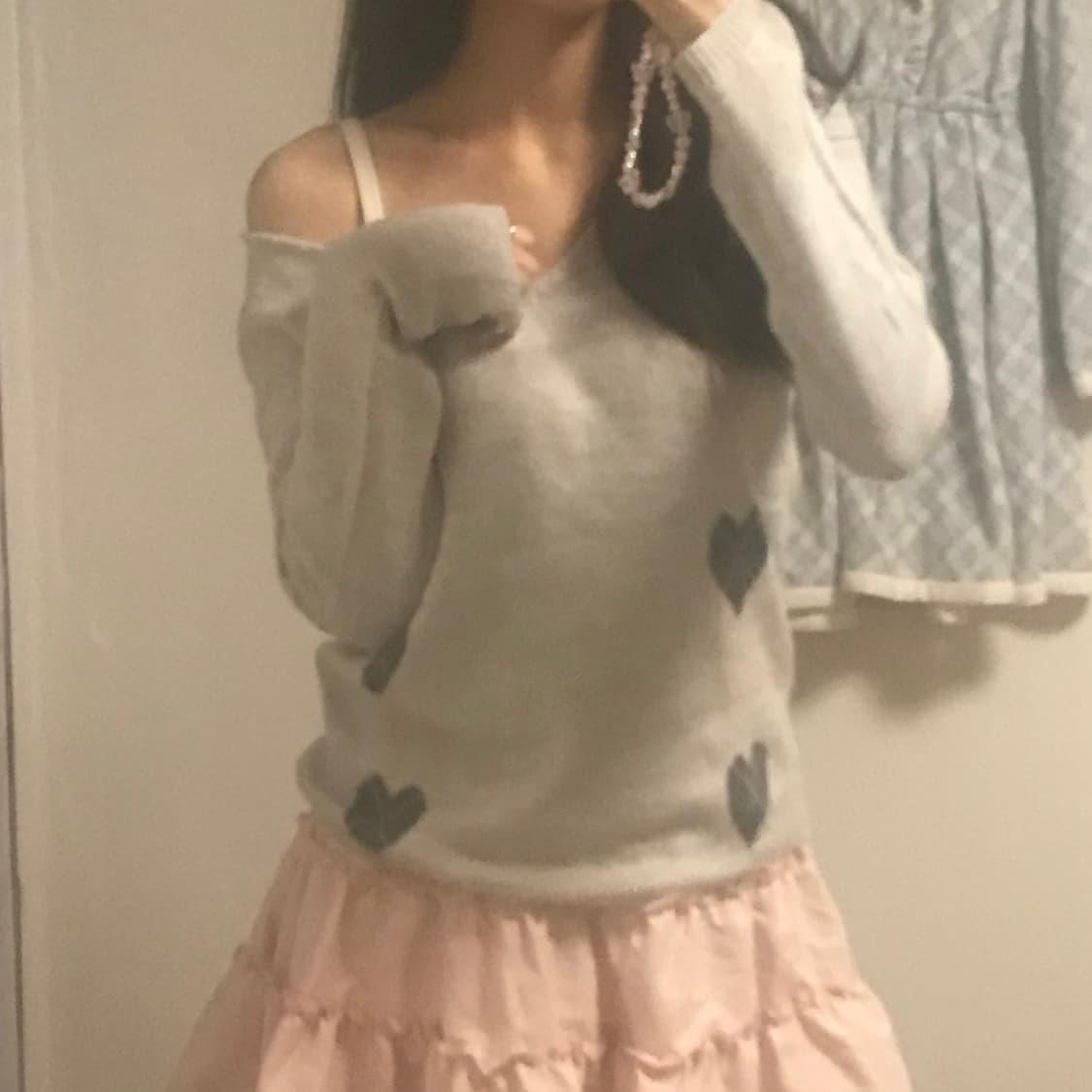 빈티지 그레이 하트 아가일 니트 긴팔티셔츠 히메갸루 로걀 라떼 리즈리사깔 상품이미지1