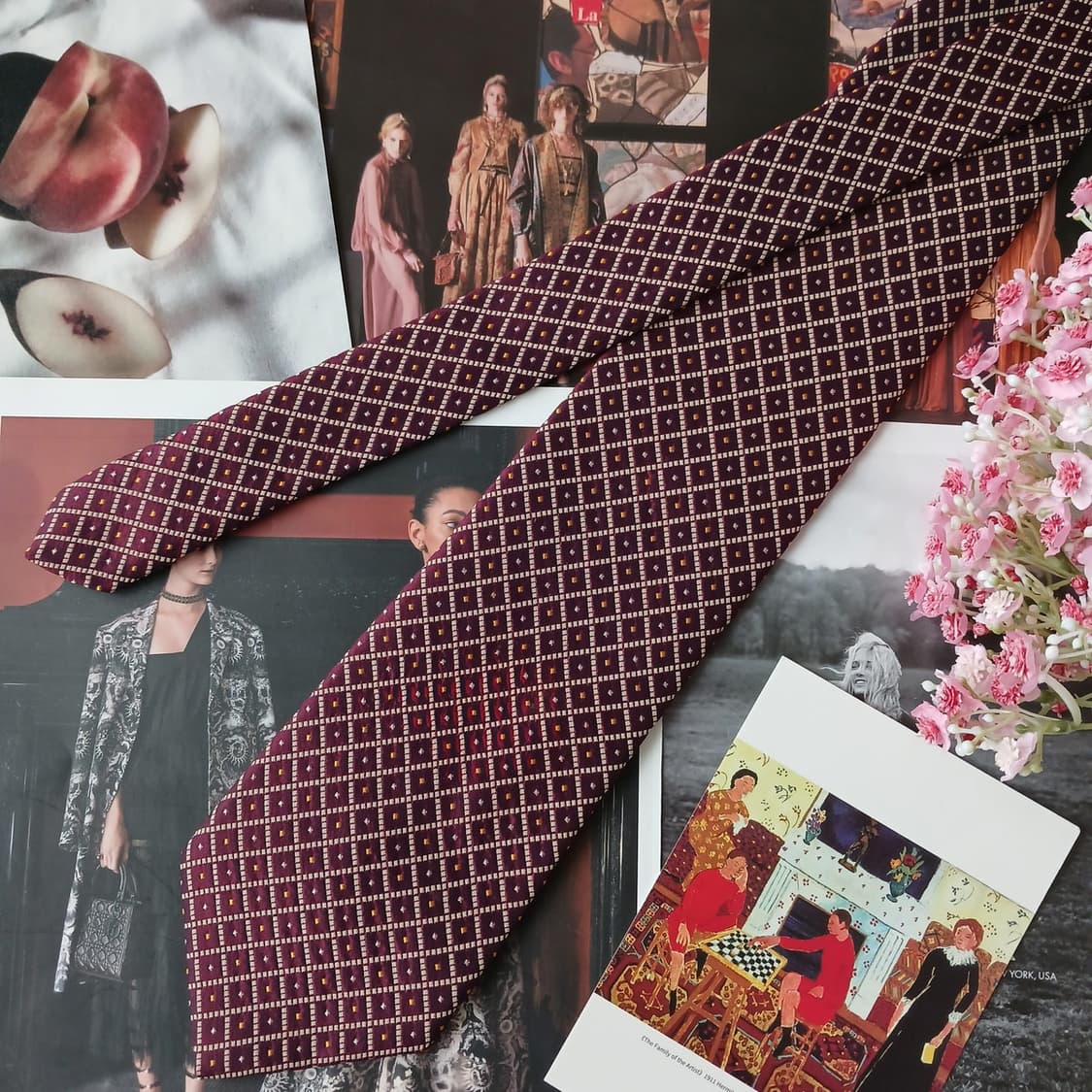 아쿠아스큐텀 실크 와인 기하 패턴 넥타이 9.4cm A등급 A19881
 상품이미지3