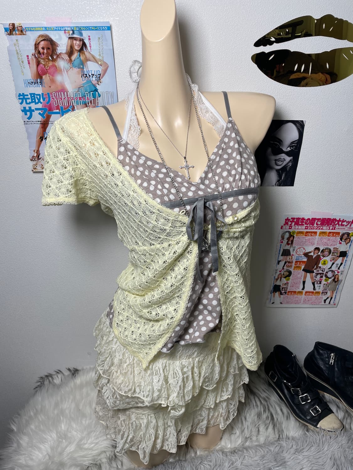 Set)러블리 갸루 연노랑 슬리브리스 가디건 레이스 스커트 세트 상품이미지1