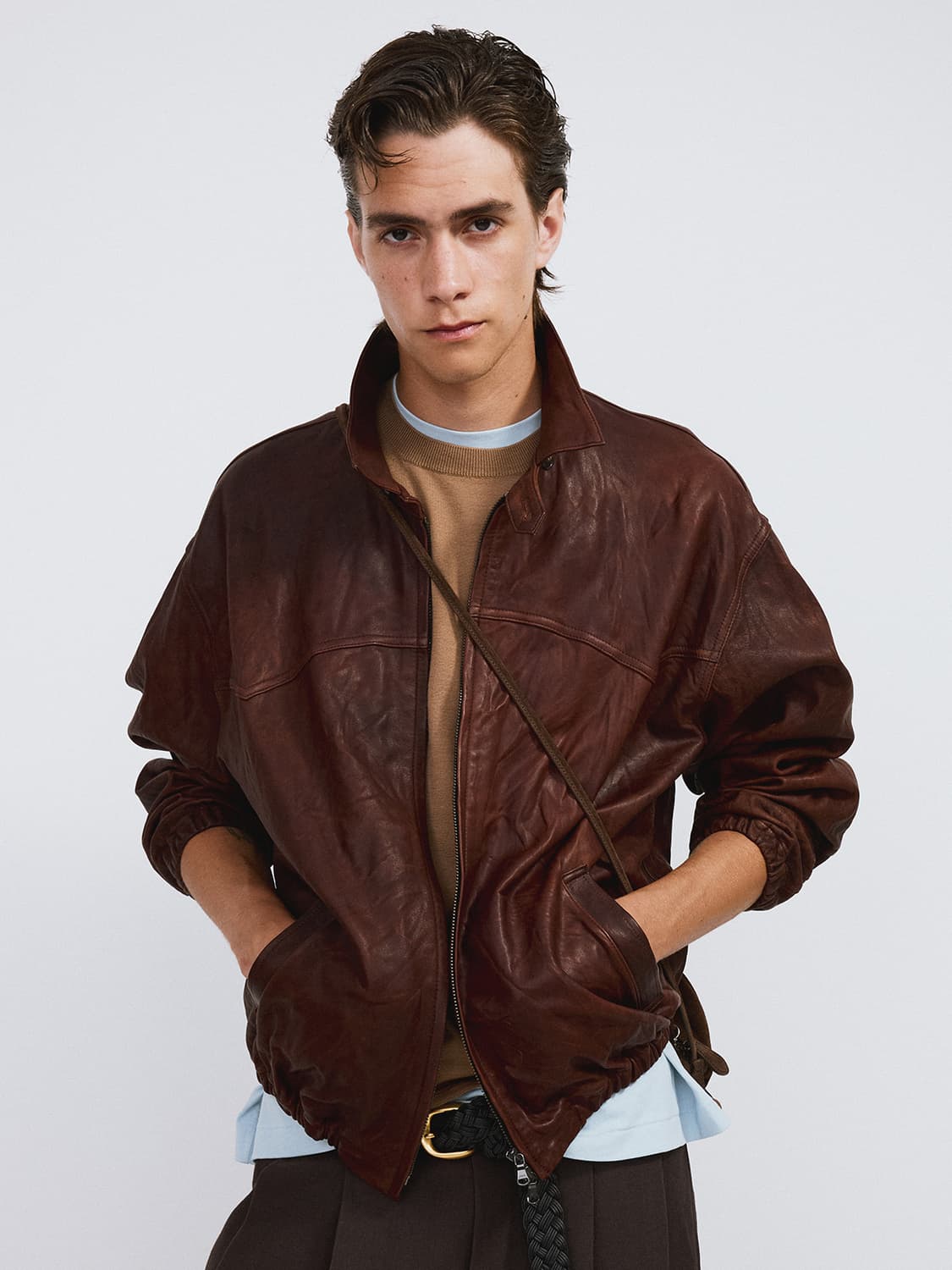 렉토 26SS 빈티지 이펙트 레더 점퍼 레드 브라운 상품이미지1