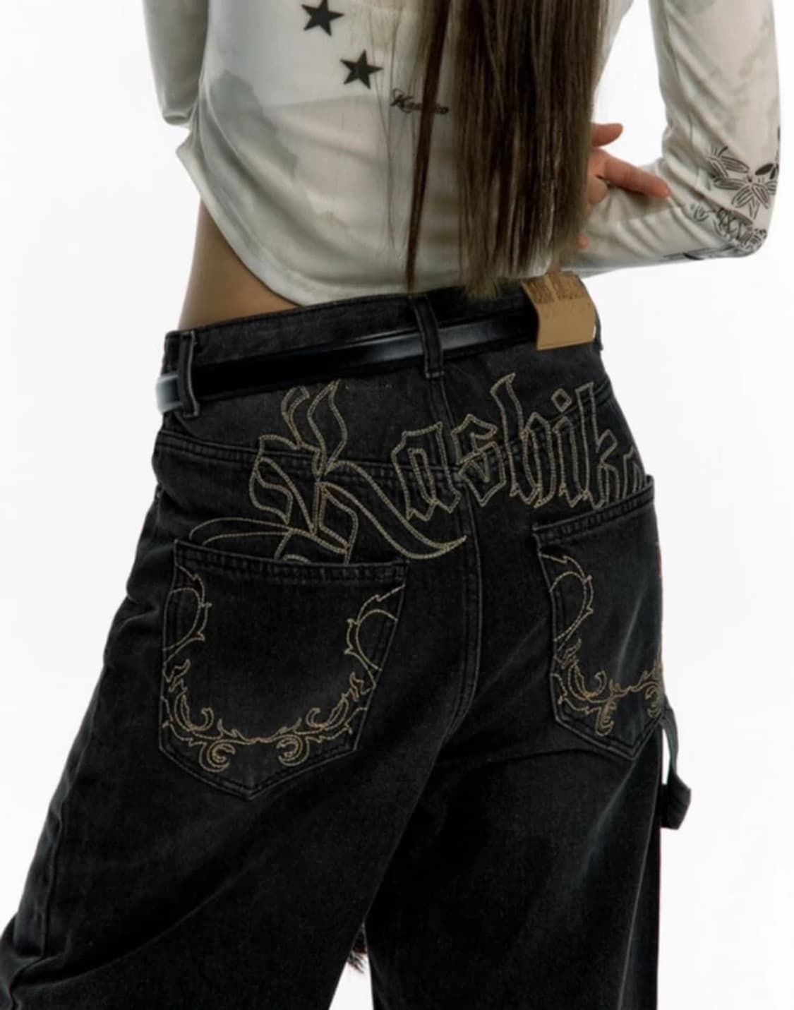 카시코 Kashiko 엠브로이드 논페이드 데님 팬츠 PN6867 상품이미지2