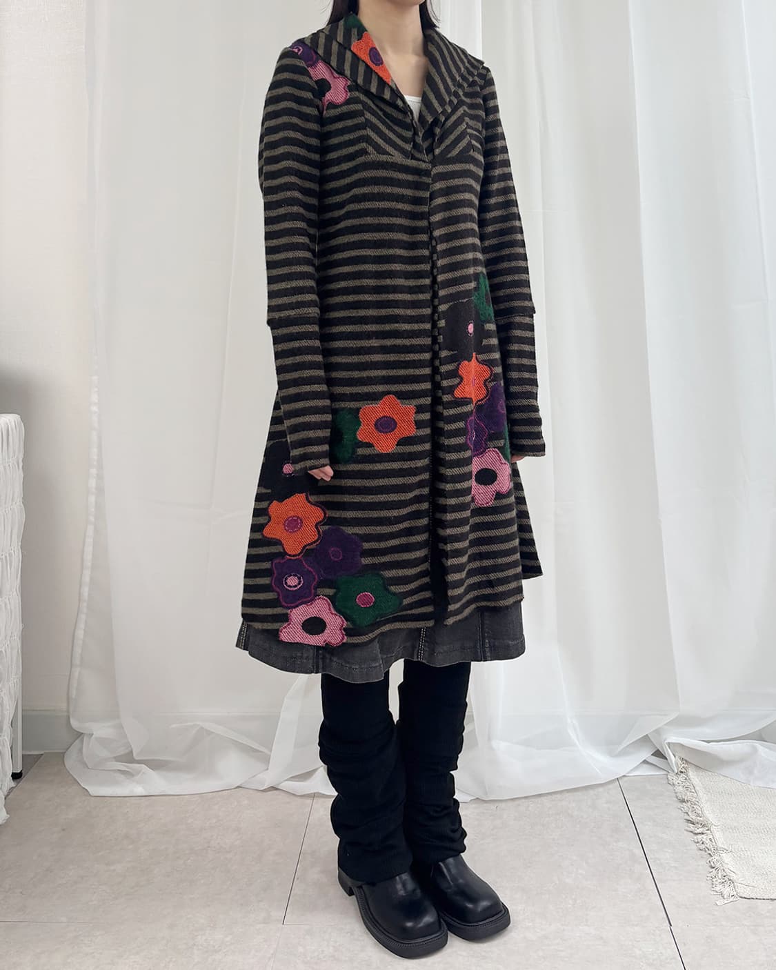 Heart 아트 플라워 포인트 스트라이프 롱 로브 카디건 상품이미지6