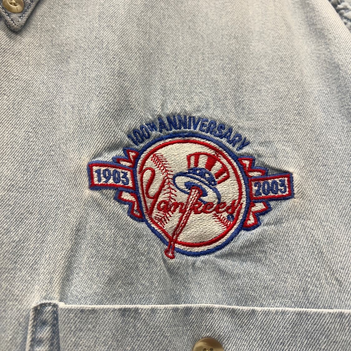 90s LEE 리 스포츠 MLB 양키스 100주년 기념 자수 데님 셔츠 상품이미지4