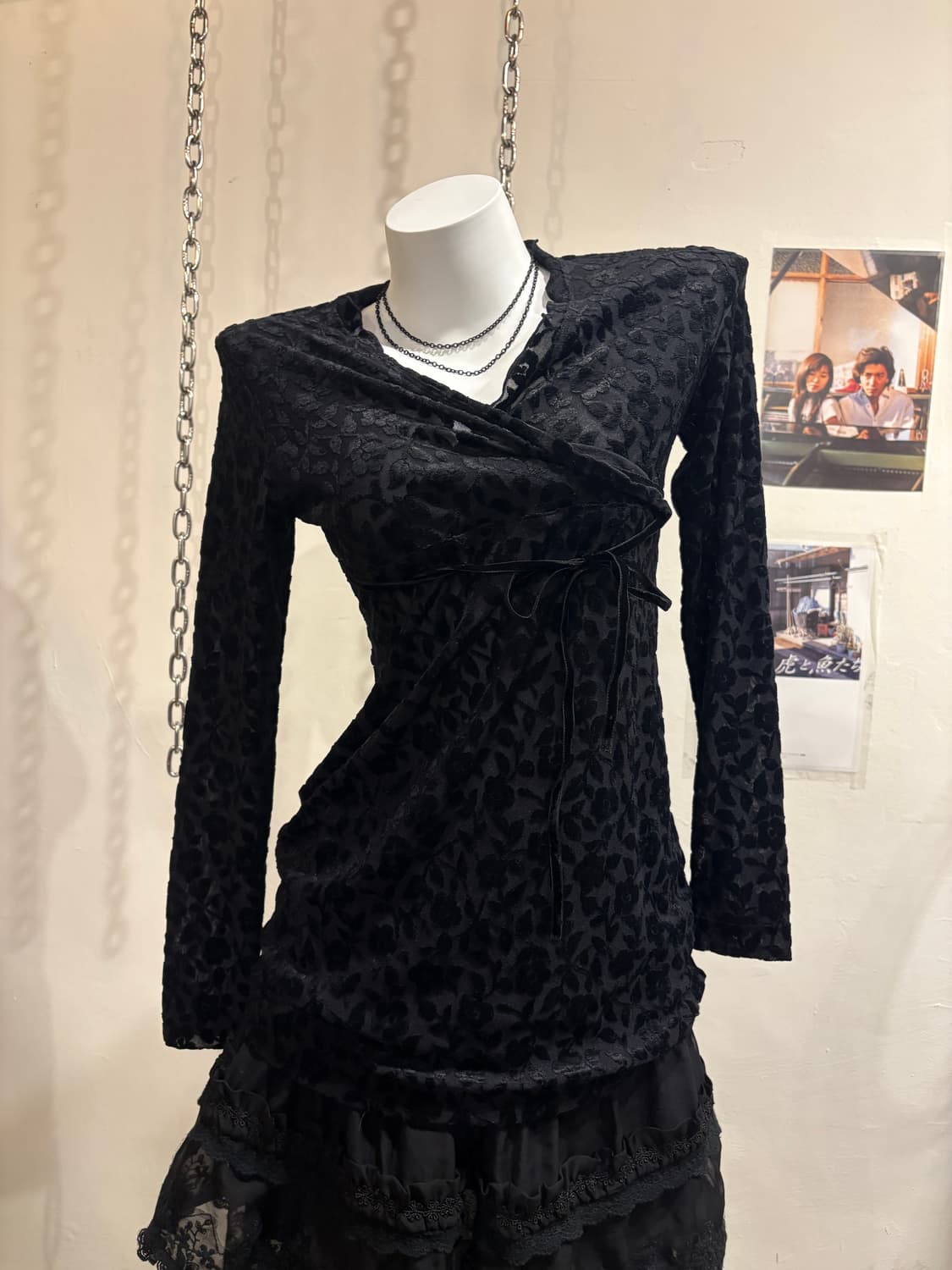 오리엔탈 스웨이드 플라워 자수 리본 블랙 탑 고스 펑크 상품이미지1