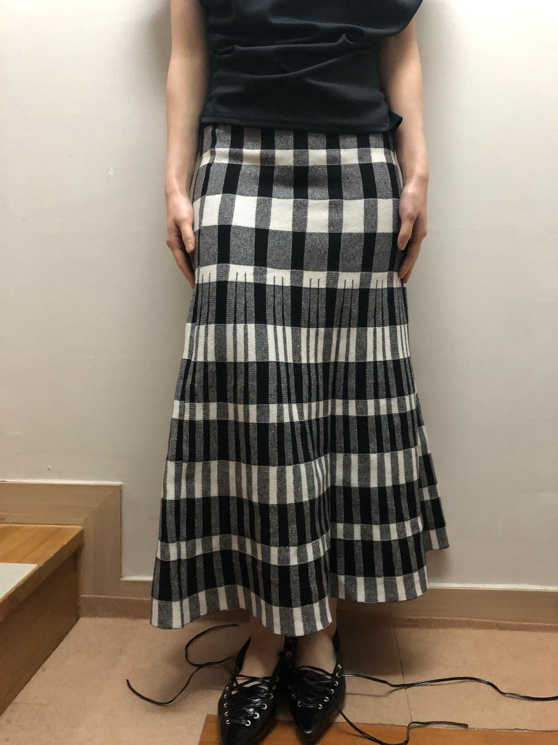빈티지 블랙앤화이트 체크 롱 니트 스커트 상품이미지3
