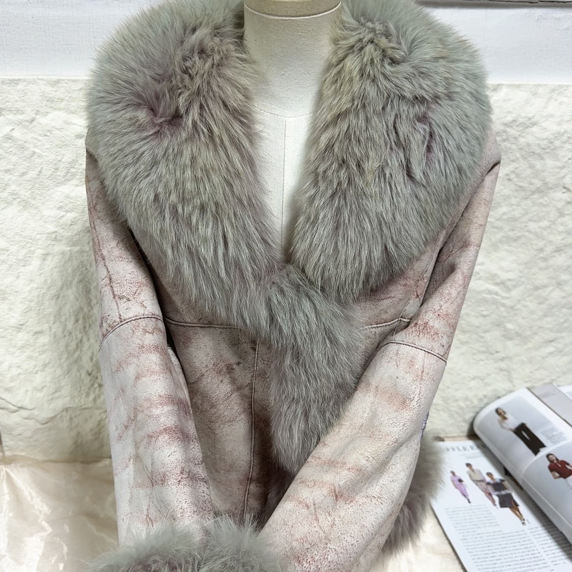 빈티지 연한 핑크 폭스퍼+안감토끼털 되지가죽자켓 무스탕 상품이미지2