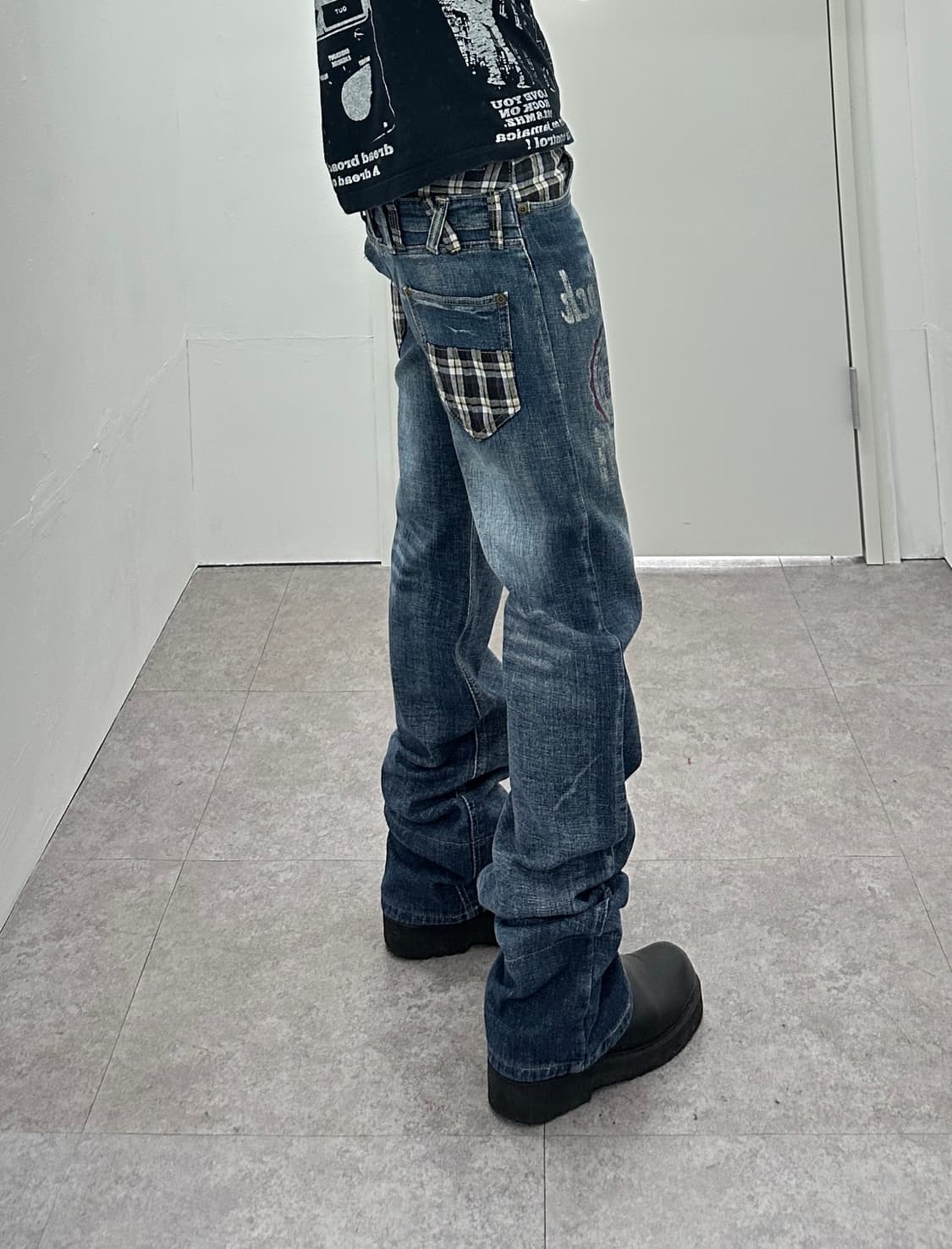 NONE vintage check fake layered denim pa 상품이미지2