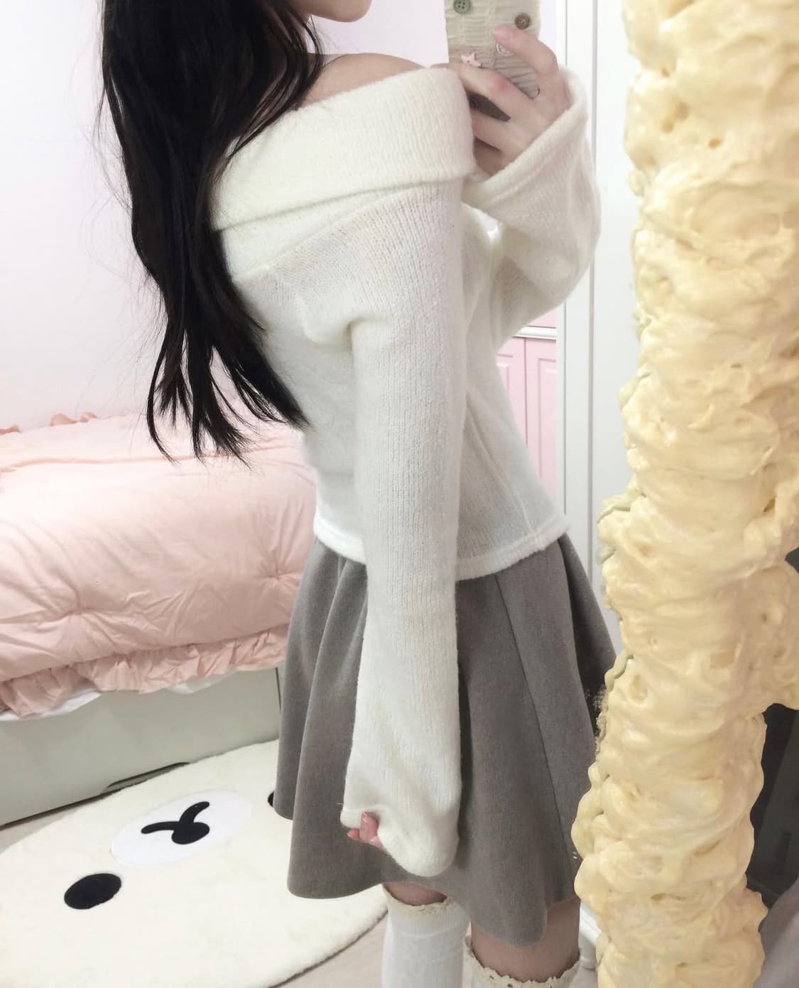 스너그 sung 오프숄더 니트, 스커트 코디세트 라떼갸루 상품이미지2