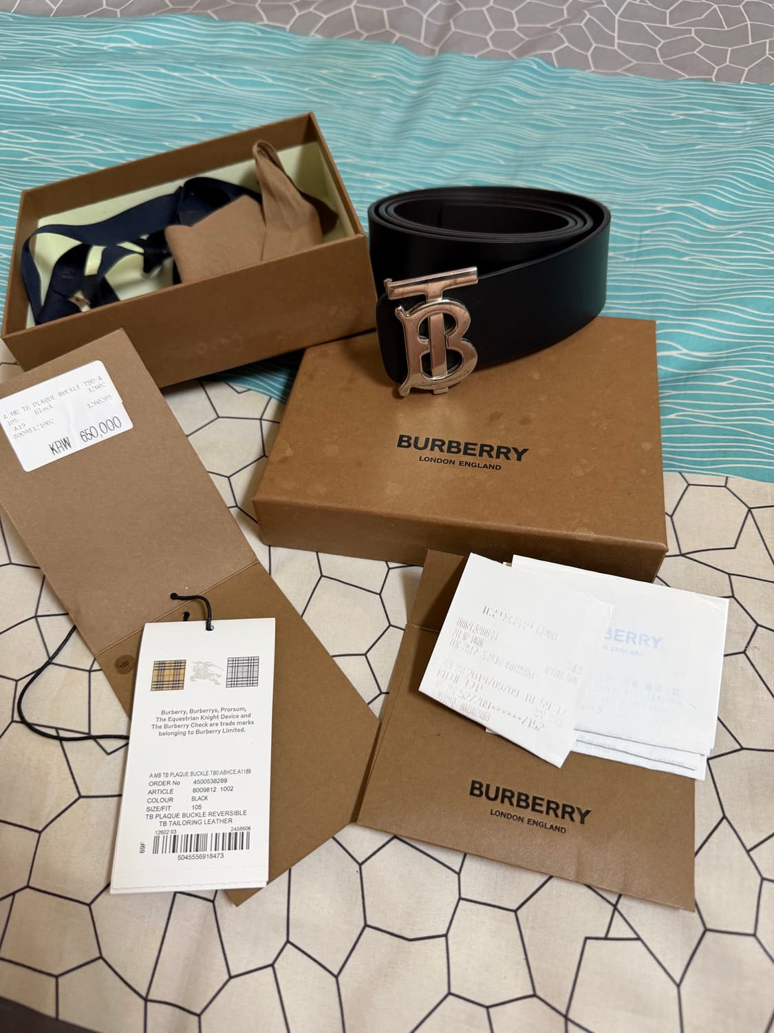 버버리 모노그램 레더 리버시블 남성 벨트 블랙 풀박스 상품이미지1