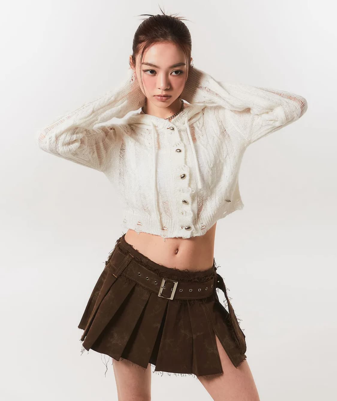 체리퀴리 벨트 플리츠 스커트 브라운 상품이미지2