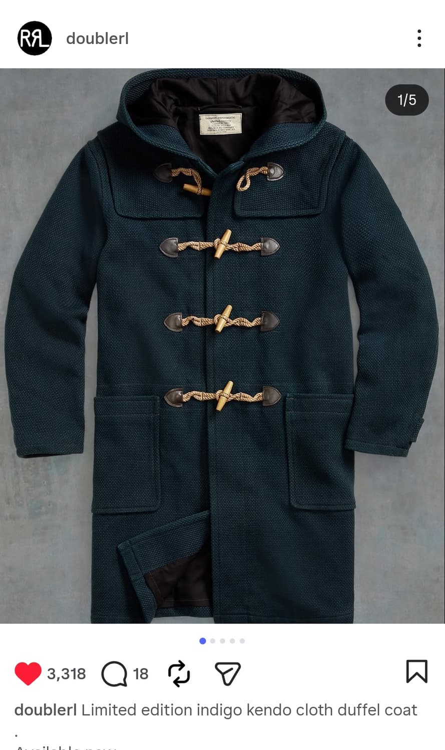 XL) rrl 리미티드에디션 인디고 다잉 켄도 원단 더플코트 팝니다. 상품이미지1