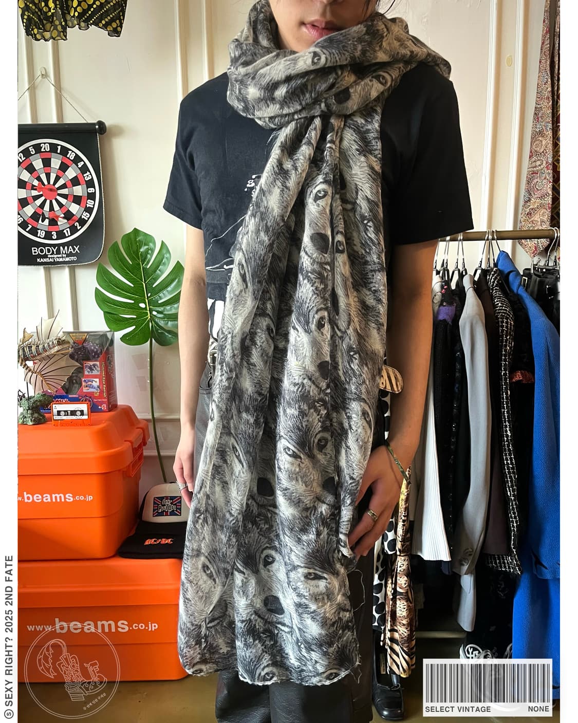 Vintage Gray Wolf Pattern Long Scarf 상품이미지1