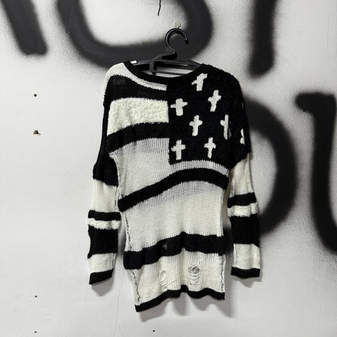 VTG 빈티지 고스펑크 십자가 패턴 데미지 퍼 니트 상품이미지2