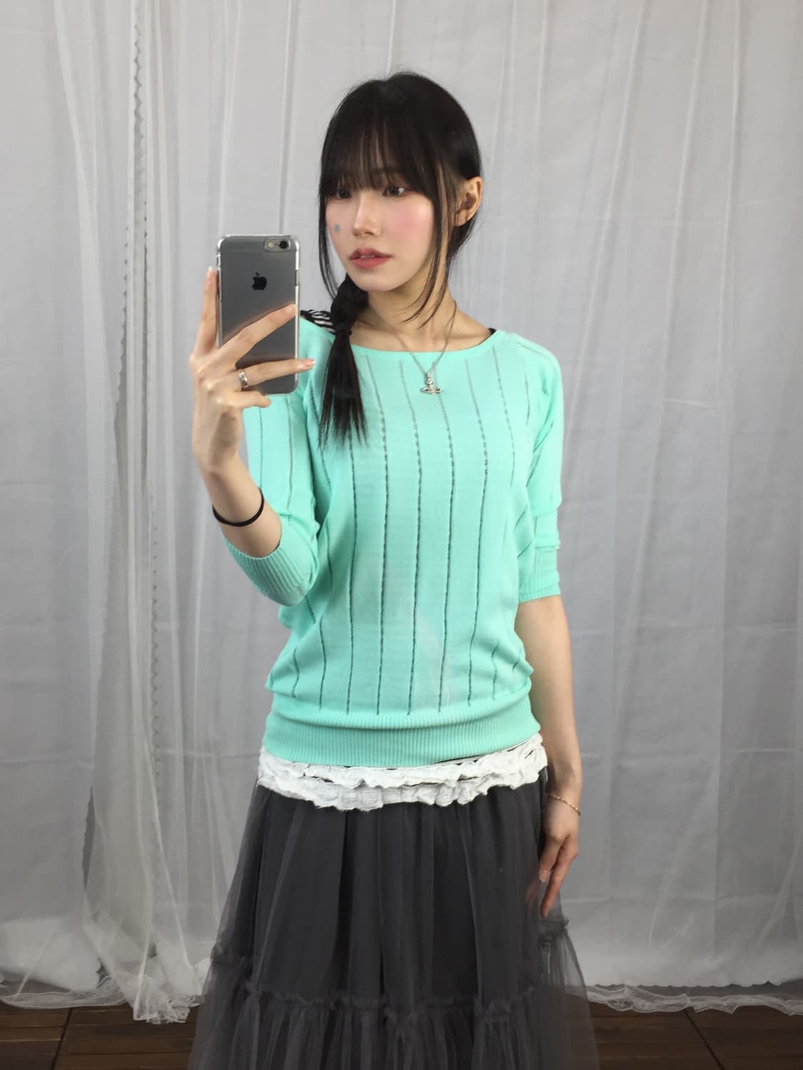 Jpn Pink Love Mint Ribbed Knit Top 상품이미지2