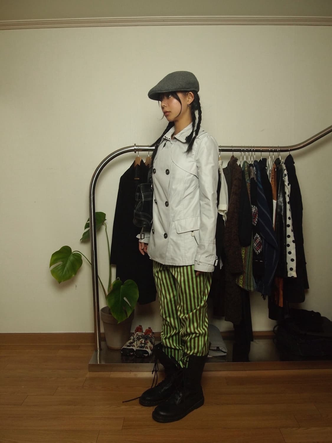 VTG 빈티지 그린 스트라이프 크롭 팬츠 상품이미지1