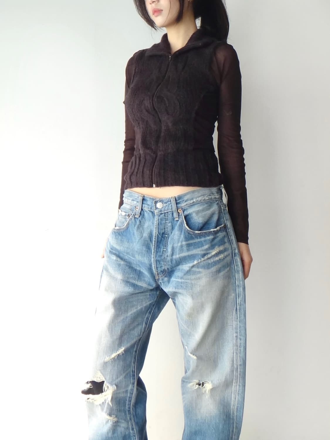 Kid hair sheer zip-up / brown 상품이미지3