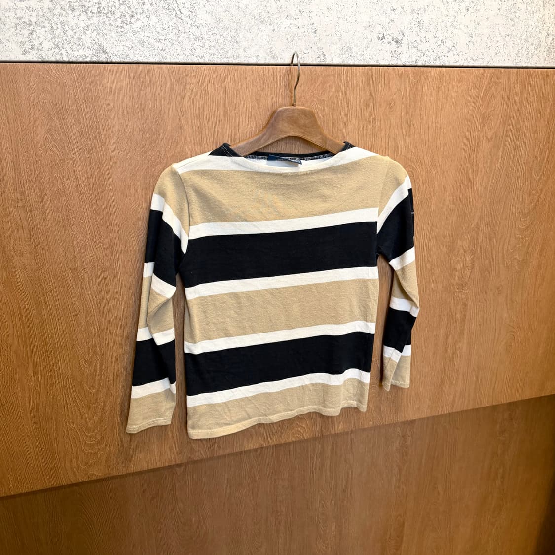 세인트 제임스 보트넥 코튼 티셔츠 스트라이프 패턴 디테일 베이지 블랙 상품이미지1