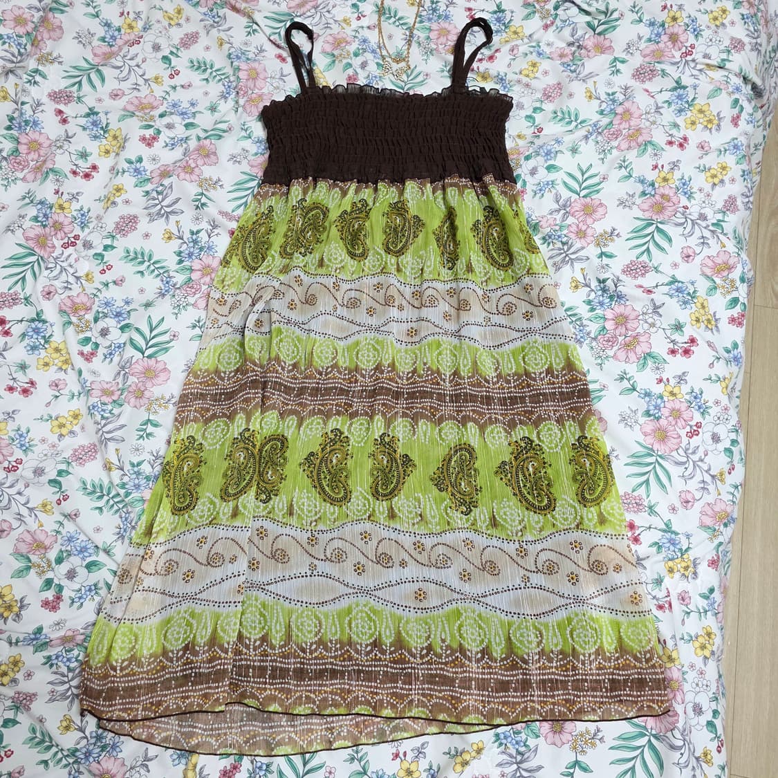 일본빈티지)페이즐리 오리엔탈 에스닉 그린브라운 모리걸 슬리브리스원피스 상품이미지2