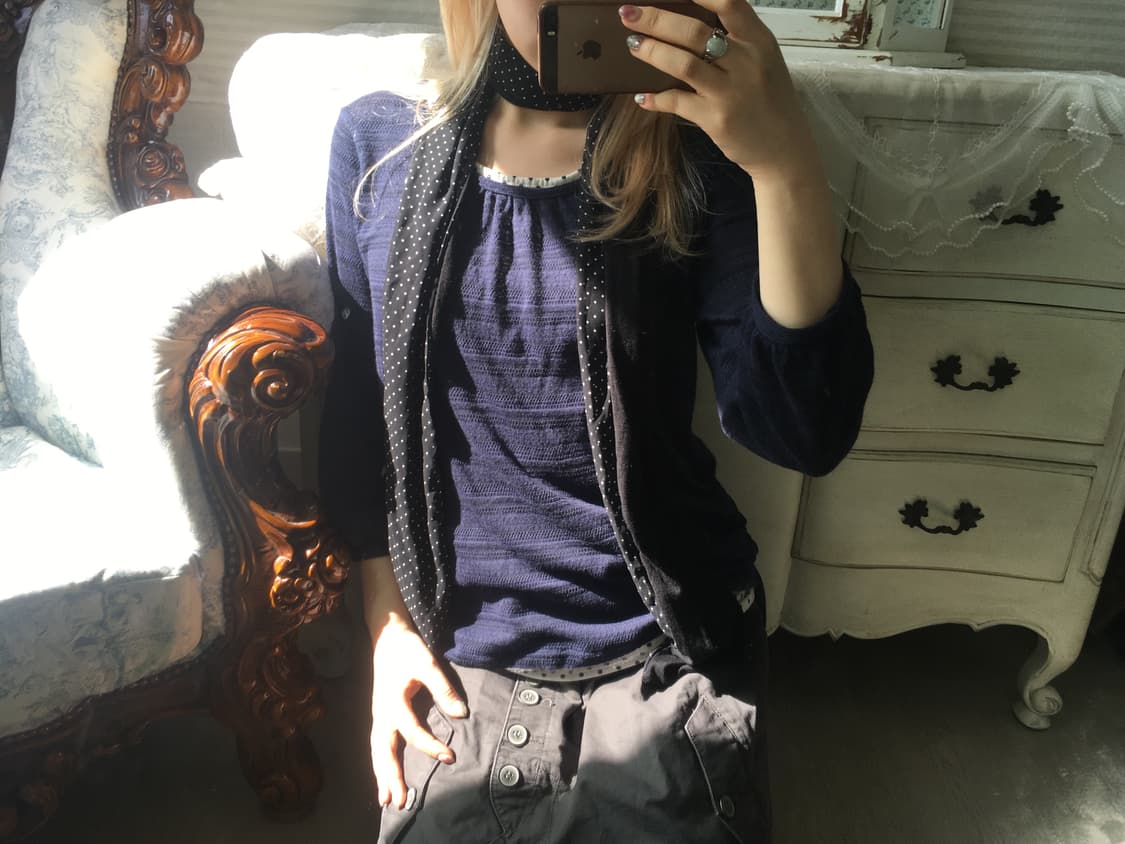 일본빈티지 네이비 셔링 7부 도트 레이어드 탑 상품이미지2