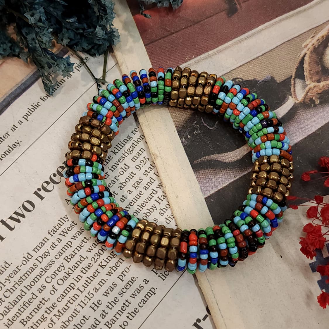 90s 프랑스 빈티지 팔찌 멀티 컬러 비즈 보헤미안 스타일 와이어 팔찌 상품이미지3