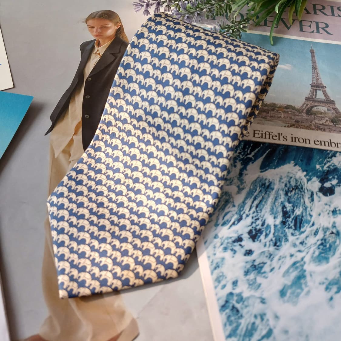 짐 톰슨 실크 블루 코끼리 패턴 넥타이 9.4cm A등급 A19750 상품이미지4