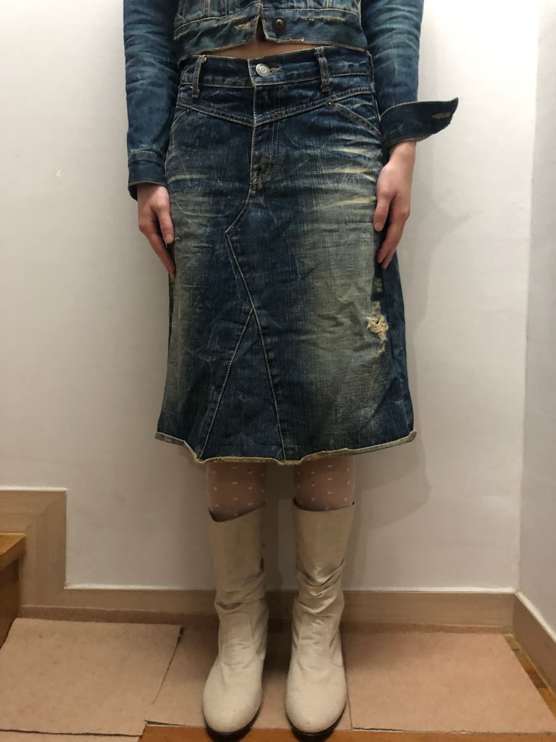 빈티지 데님 워싱 미디 스커트 상품이미지1