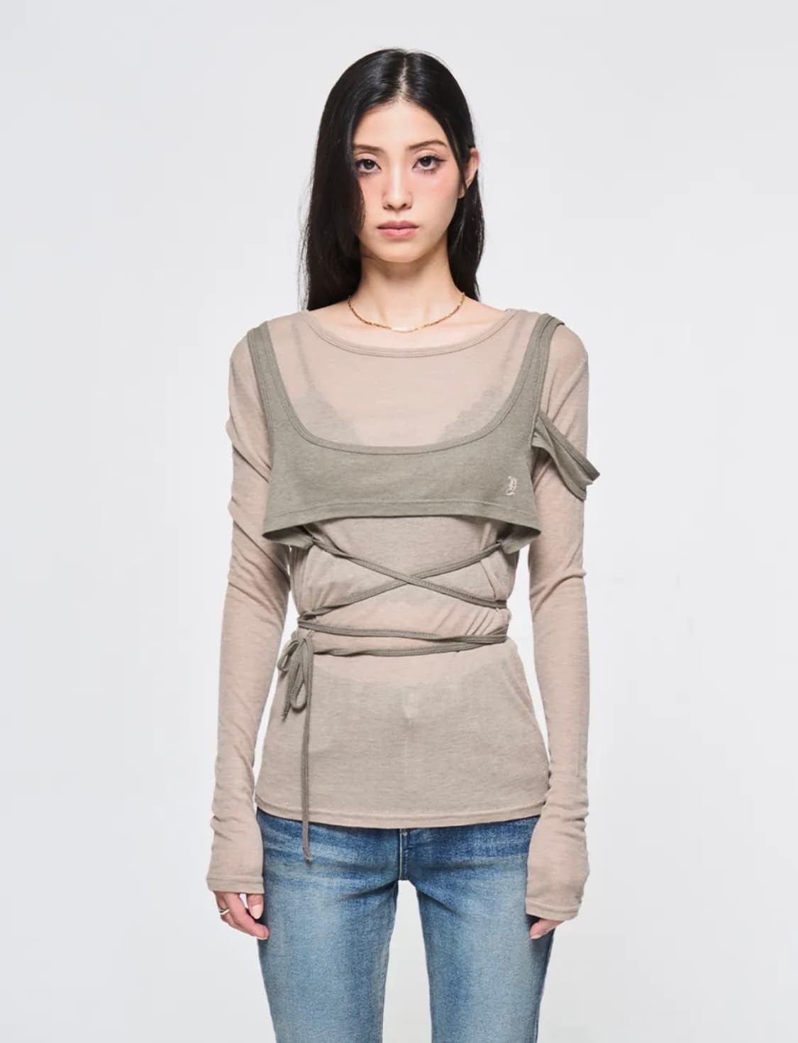 OVERLAY WRAP LONG SLEEVE TOP BEIGE 상품이미지2