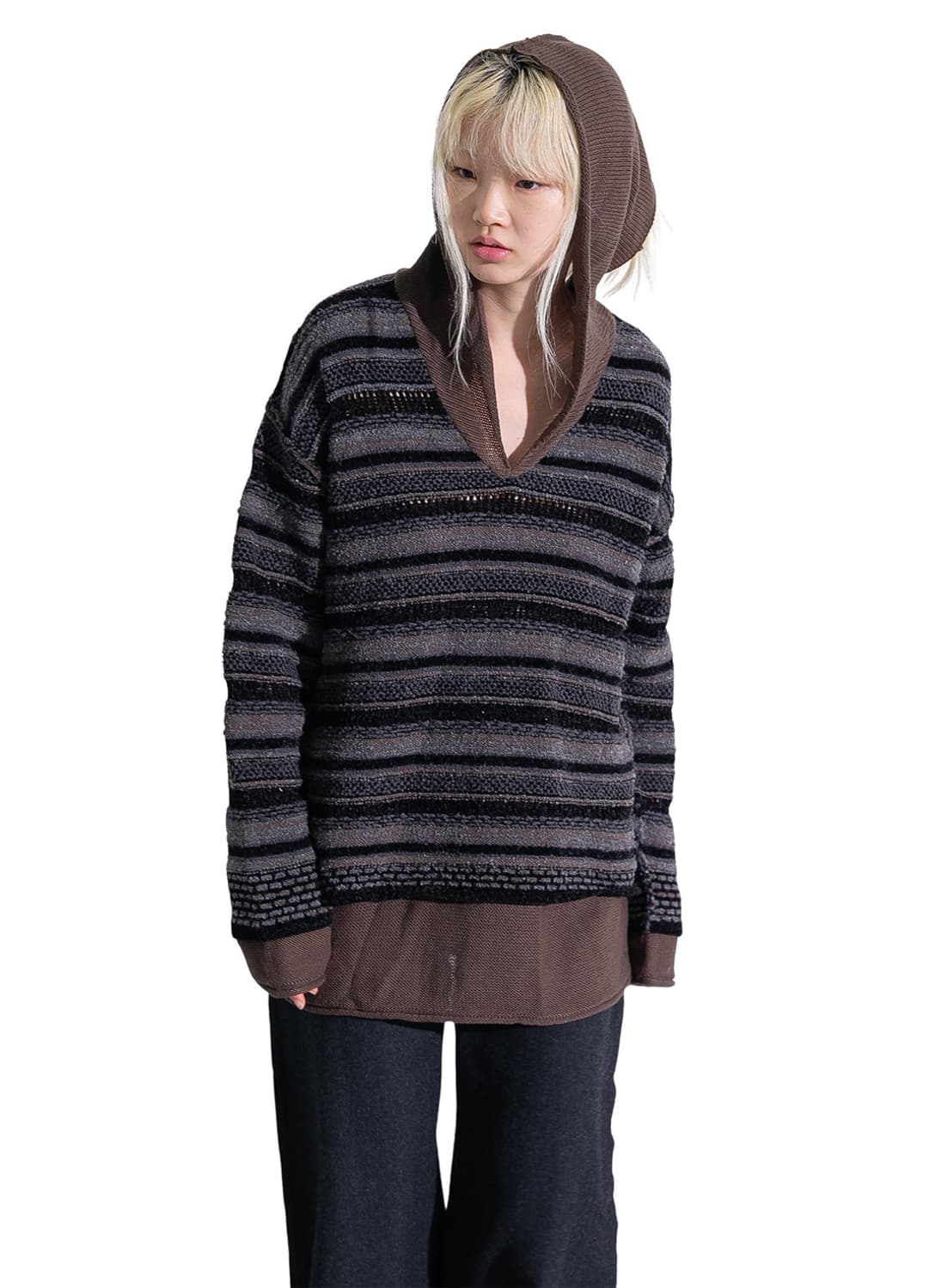 [F]퍼버즈 25fw 스트라이프 더블 후드 니트/브라운 상품이미지2