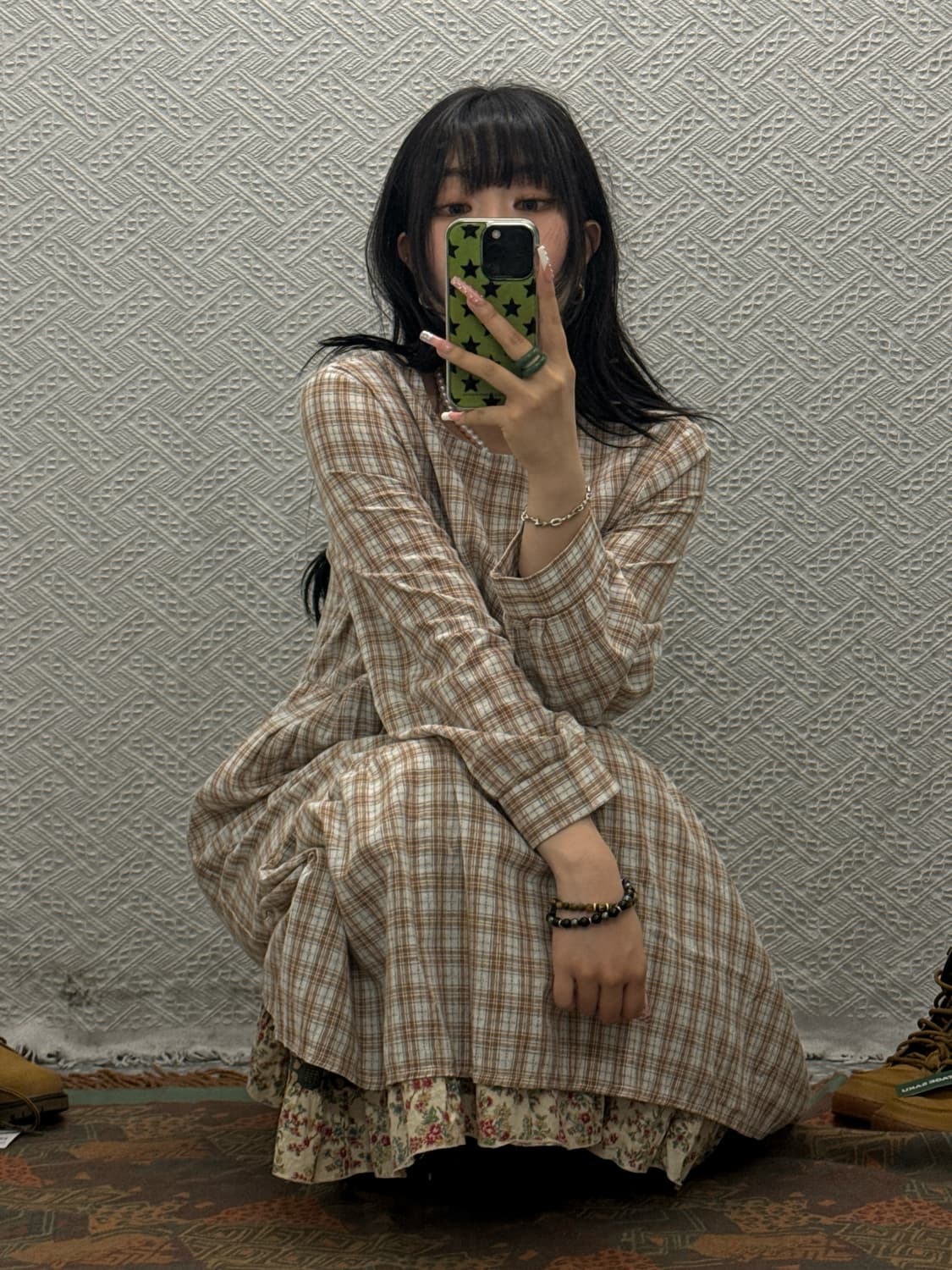 빈티지 캐주얼 모리 셔링 아방핏 긴팔 코지 체크 롱원피스 K0350 상품이미지1