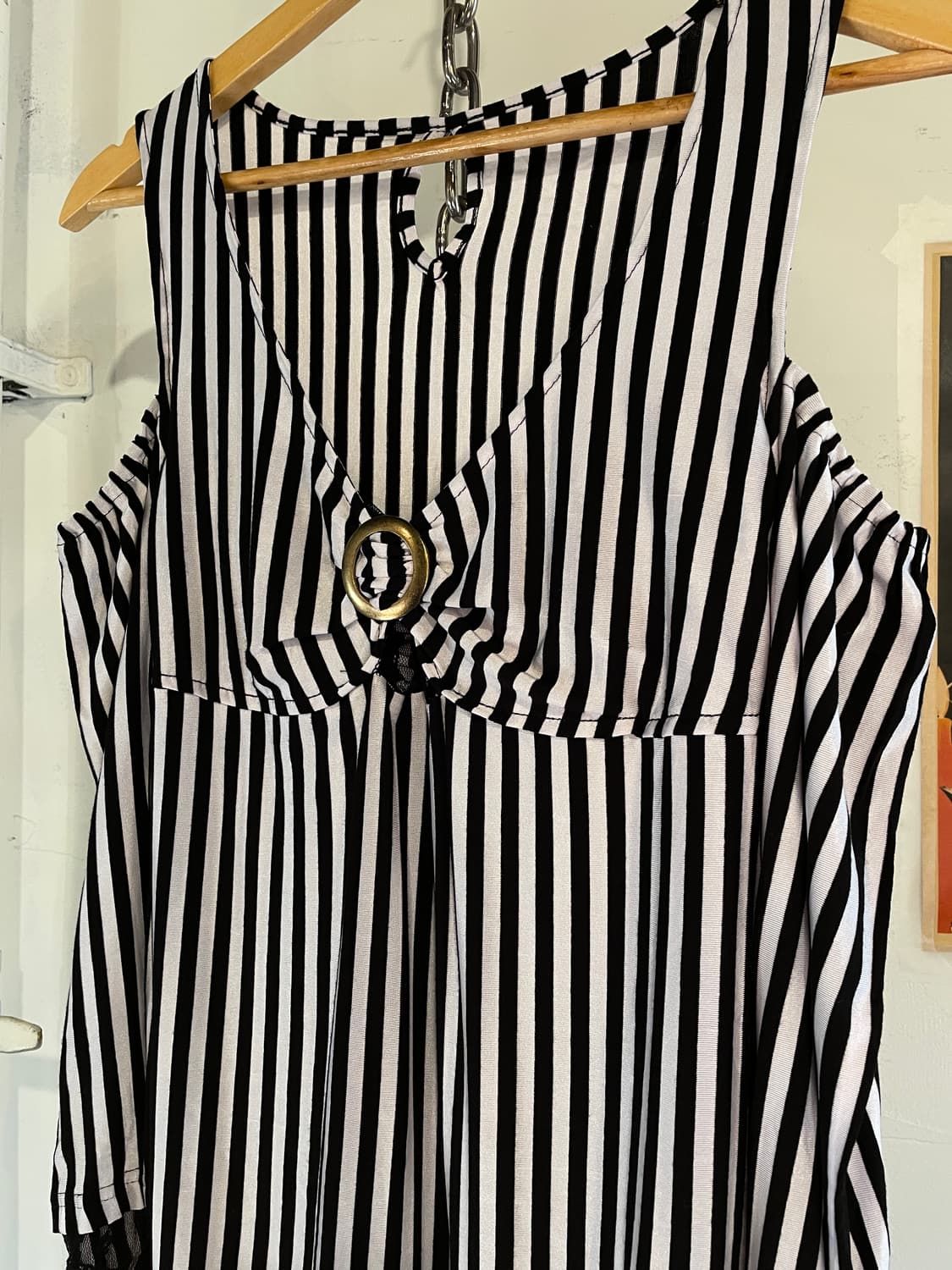 블랙 화이트 스트라이프 패턴 레이스 셔링 원피스 갸루 상품이미지5