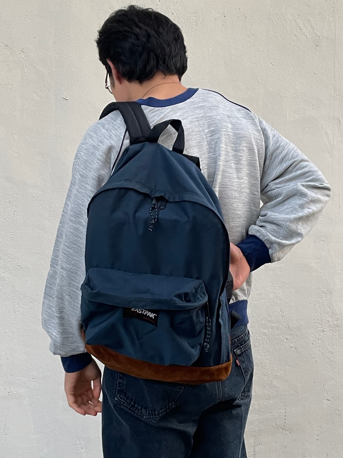 90s Eastpak Leater Bottom Navy Backapack 상품이미지2