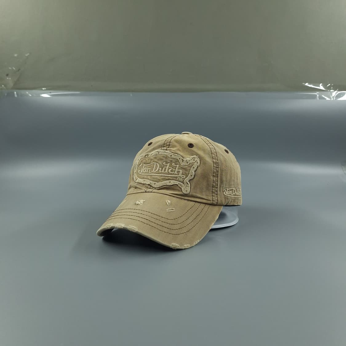 본더치 브라운 데미지드 스펠아웃 로고 레더스트랩 Y2K 6패널 볼캡 모자 상품이미지3