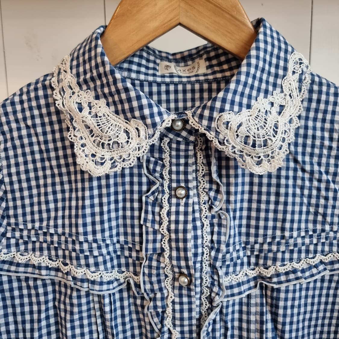 네이비 깅엄 체크 레이스 카라 블라우스 상품이미지2