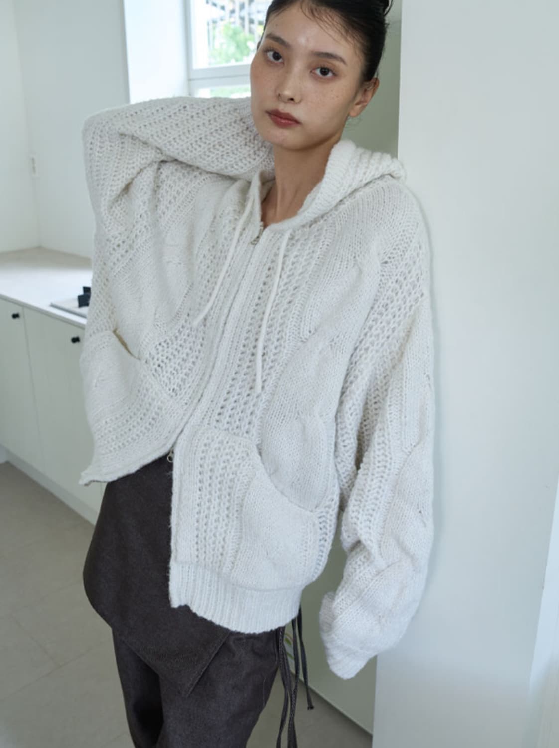 어윗 케이블니트 후드집업 니트집업 니트후드 크림 상품이미지1