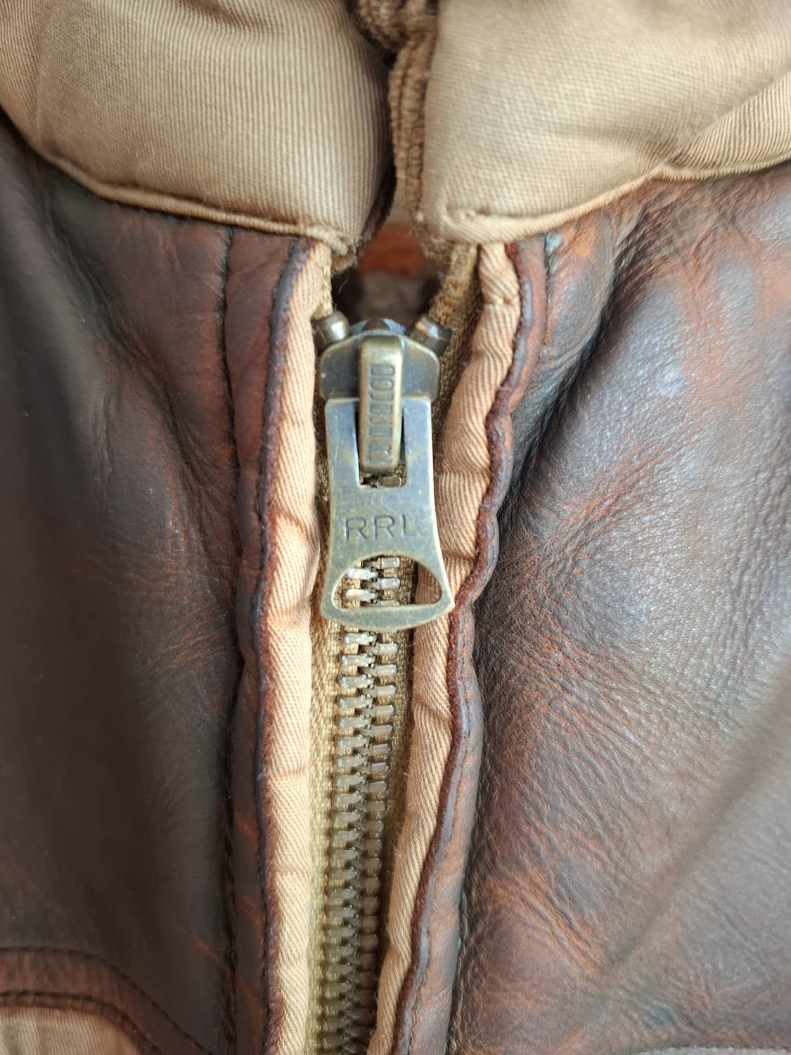 XL 더블알엘 레더 요크 패딩 빈티지 브라운 가죽 패치 퀼팅 자켓 상품이미지3