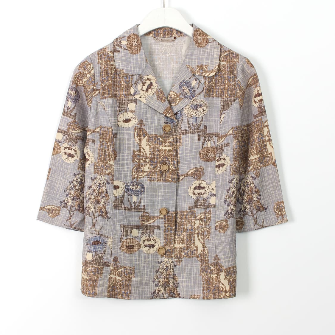 일본 빈티지 퍼플 플라워 체크 패턴 7부 소매 블라우스 상품이미지2