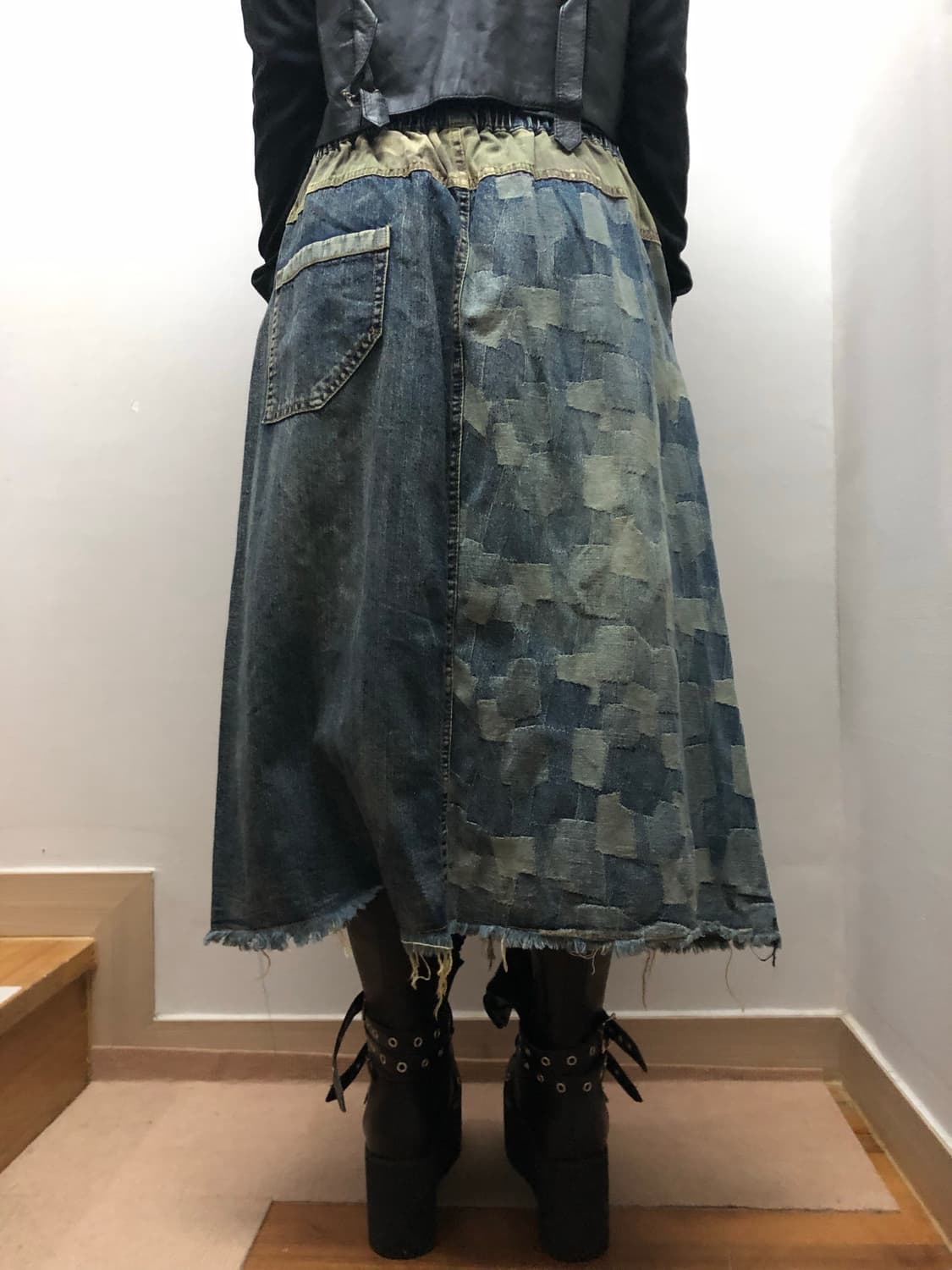 빈티지 데님 카모 패치워크 롱 스커트 상품이미지6