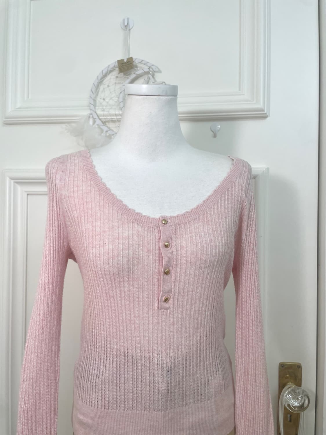 pink melange button point slim knit top 상품이미지6