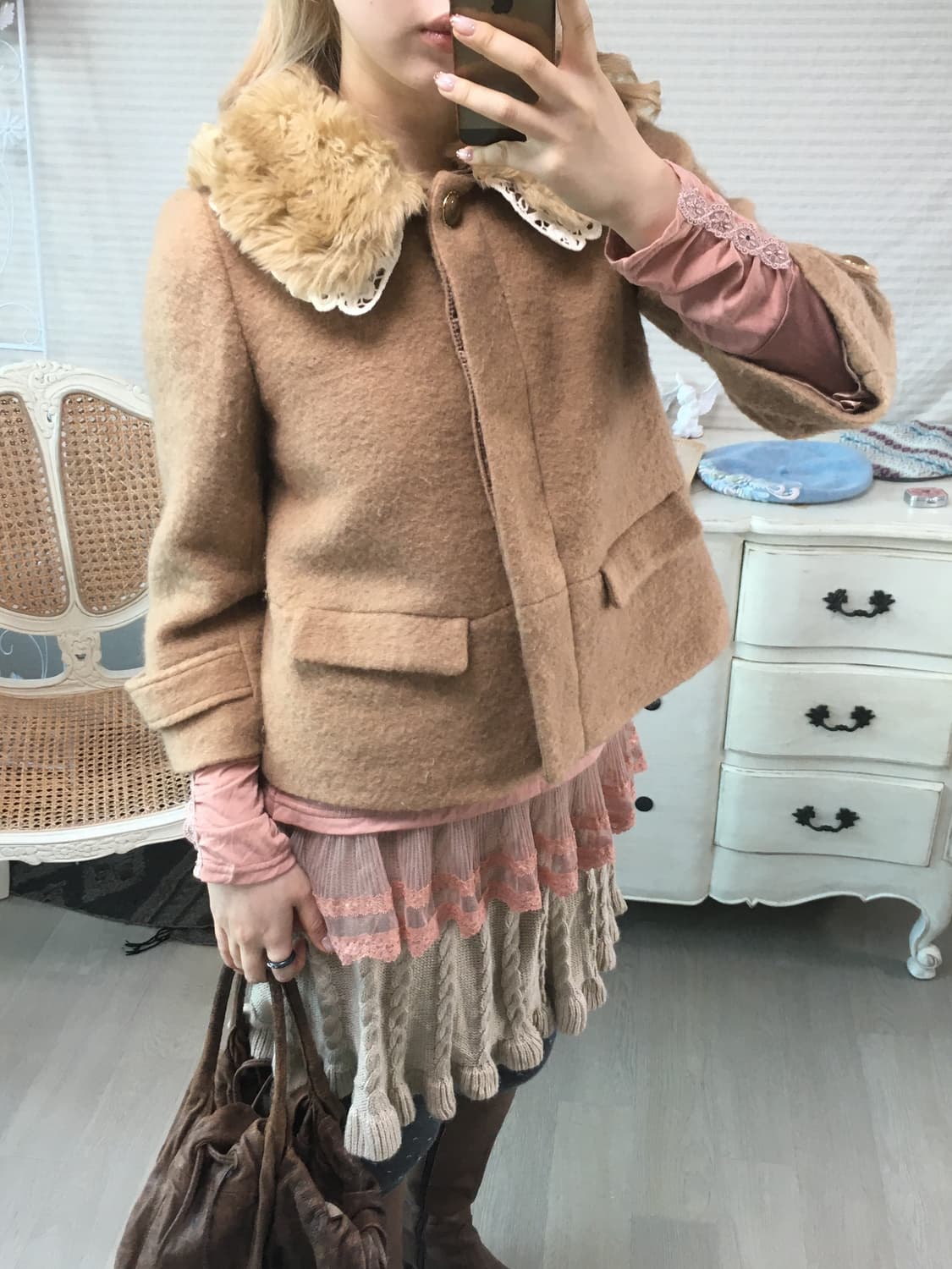 camel deer lace fur-collar wool  jacket 상품이미지3