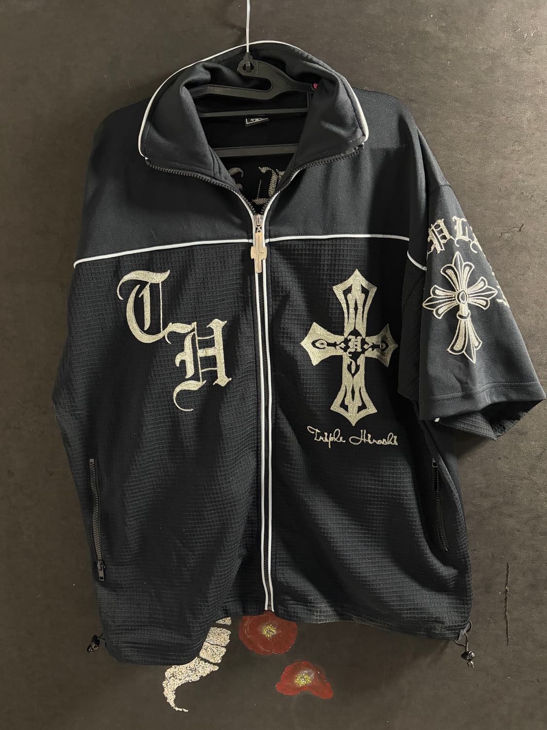 JPN 일본 빈티지 고딕풍 십자가 프린팅 오버핏 반팔 져지 집업  상품이미지7