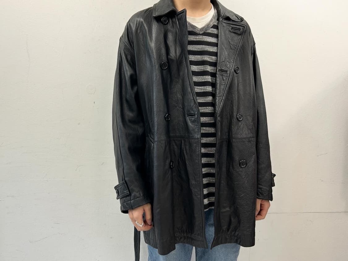 블랙 가죽 트렌치 코트 벨트 더블 버튼 상품이미지4