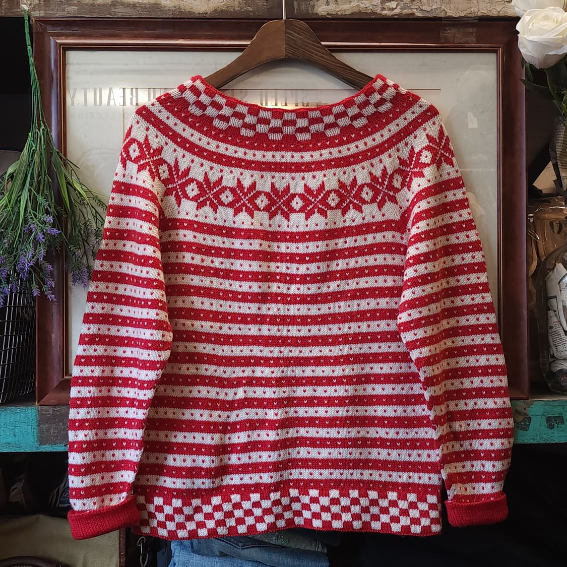 90s 프렌치 핸드메이드 울 니트 스웨터 노르딕 하트 패턴 상품이미지3