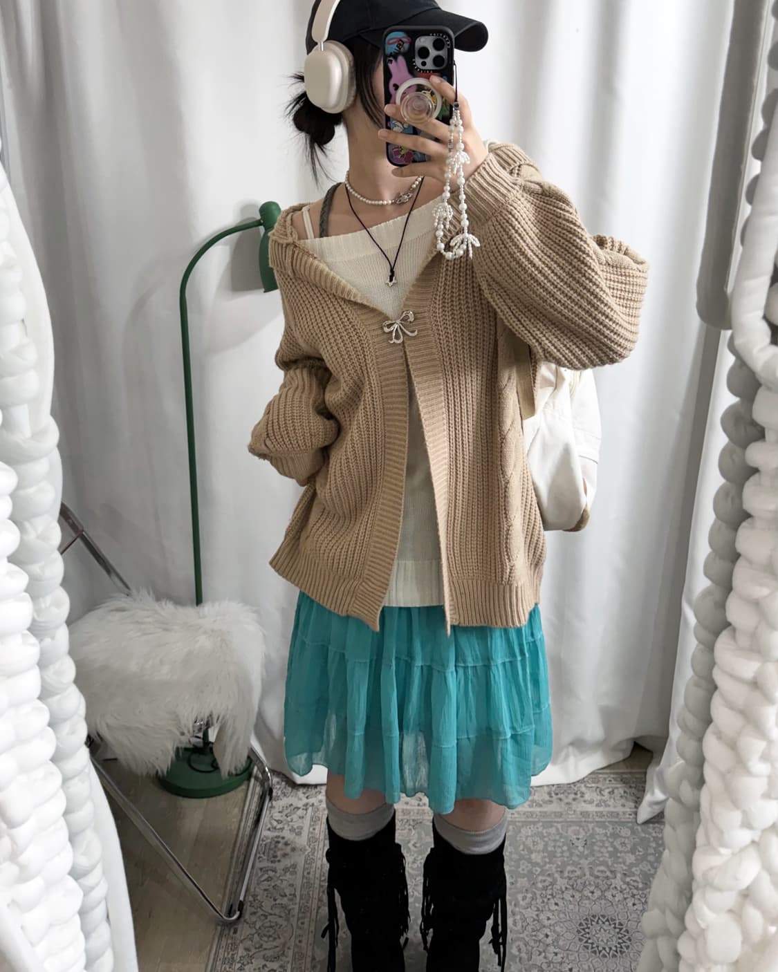 베이지 꽈배기 오버핏 후드 가디건 상품이미지1